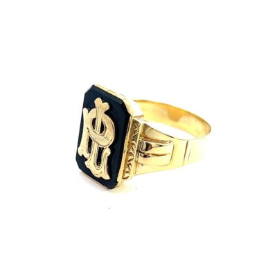 Starožitný zlatý prsten s onyxem a monogramem, vel. 60